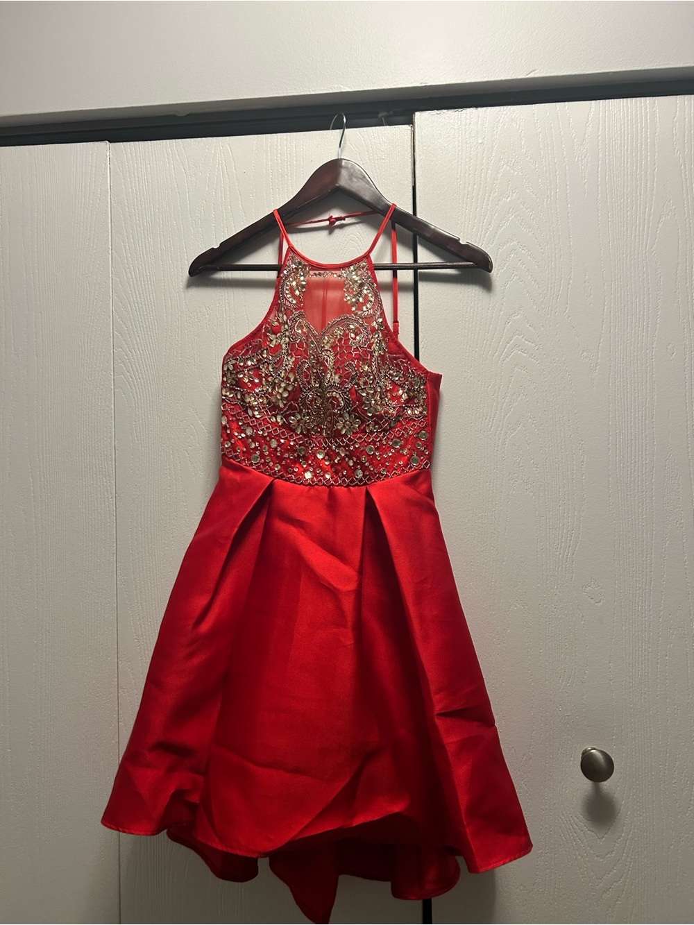 Red Embellished Halter Fit-and-Flare Formal Dress